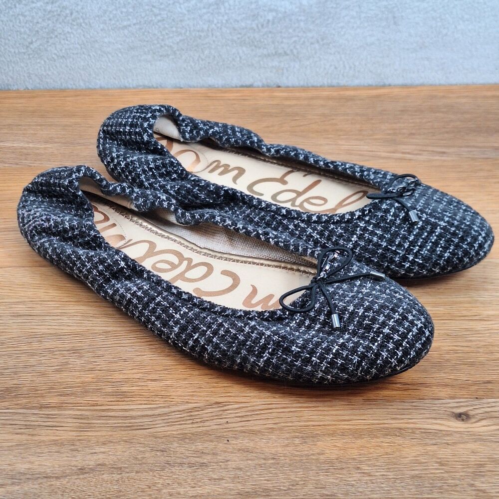 Sam Edelman Women's 8 Tweed Bow Ballet Flats Black Gray Textured Slip Shoes